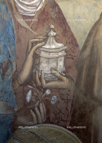 CAL-F-AP2649-0000 - Simone Martini (1284-1344), particolare raffigurante la pisside tenuta da Santa Maria Maddalena dalla "Maestà", affresco 1313-1315, Sala del Consiglio, Palazzo Pubblico - Data dello scatto: 1994 - Archivi Alinari, Firenze