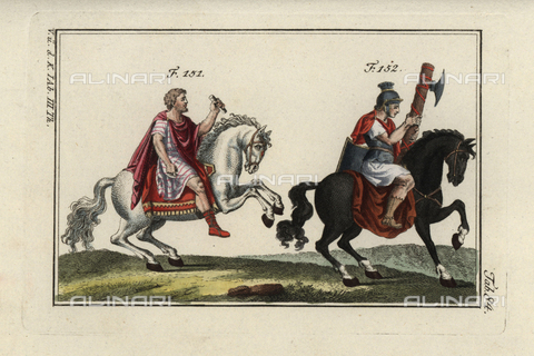EVA-S-001094-1487 - The emperor Marcus Aurelius on horseback and a knight with bundles (ax of war), engraving on copper, from "History of the costumes of the main characters of antiquity and the Middle Ages by Robert von Spalart (1796) - Florilegius / © Mary Evans / Alinari Archives