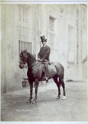 FBQ-F-002229-0000 - Portrait of a gentleman on horseback, in elegant clothes and top hat - Date of photography: 1870 - 1880 - Alinari Archives, Florence