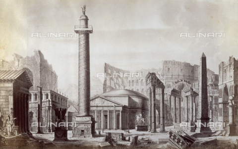 FBQ-F-002597-0000 - Reproduction of a work portraying Roman ruins and antiquity, amongst which Trajan's Column and the Colosseum - Date of photography: 1870 ca. - Alinari Archives, Florence