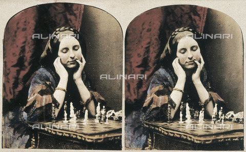 FBQ-F-003996-0000 - Young woman in pensive pose playing chess - Date of photography: 1855 -1865 - Alinari Archives, Florence