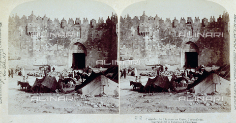 FBQ-F-004535-0000 - The Damascus Gate, in Jerusalem, and the square in front. In the foreground a few tents, in front of the gate numerous men encamped - Date of photography: 1896 - Alinari Archives, Florence