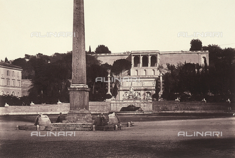 FCC-F-010083-0000 - View of the Piazza del Popolo, in Rome, with the Flaminian Obelisk and, in the background, the Fountain of the Goddess Roma between the Tiber and the Aniene Rivers, by Giovanni Ceccarini and Il Pincio - Date of photography: 26/09/1858 - Alinari Archives, Florence