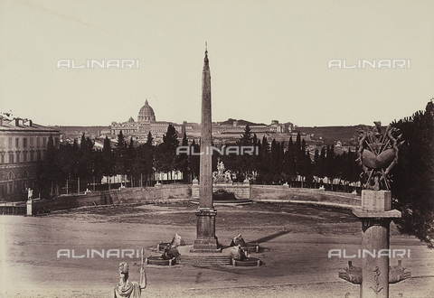 FCC-F-010085-0000 - View of the Piazza del Popolo in Rome, with the Flaminian Obelisk and, in the background, the Fountain of Neptune between two tritons, by Giovanni Ceccarini, and St. Peter's Basilica - Date of photography: 26/09/1858 - Alinari Archives, Florence