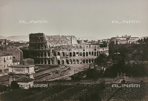 FCC-F-010086-0000 - Panoramic view of the Colosseum in Rome. In the foreground the Vigna Barberini and the fence wall of the Farnese Gardens today no longer exist - Date of photography: 26/09/1858 - Alinari Archives, Florence