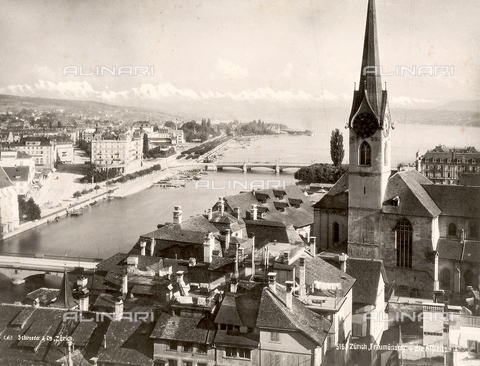 FCC-F-012951-0000 - View of Zurich, with the Fraumà¼nster (Church of Our Lady) in the foreground and the snowcapped Alps in the background - Date of photography: 1890 ca. - Alinari Archives, Florence