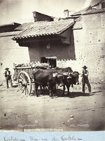 FCC-F-013581-0000 - Two men near a cart loaded with bags, pulled by two bulls, on a street in Toledo - Date of photography: 1880-1890 ca. - Alinari Archives, Florence