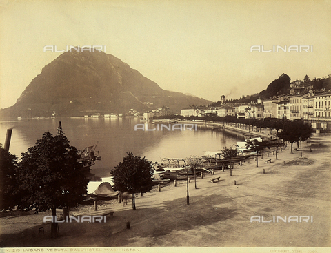FCC-F-013906-0000 - View of the lakeside in Lugano and of Mt. San Salvatore from Hotel Washington - Date of photography: 1880-1890 ca. - Alinari Archives, Florence