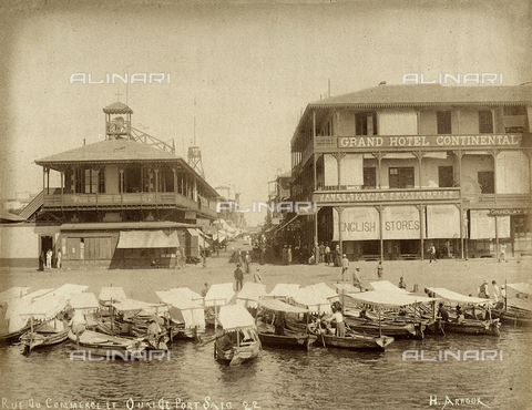 FCC-F-016237-0000 - Port Said: the Rue du Commerce and the Grand Hotel. Docked boats in the foreground - Date of photography: 1880 - 1890 ca. - Alinari Archives, Florence
