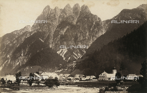 FVQ-F-021367-0000 - The town of Cave del Predil (formerly Raibl), surrounded by the Cinque Punte of the Dolomites, province of Udine - Date of photography: 1880 ca. - Alinari Archives, Florence