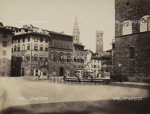 FVQ-F-206059-0000 - The Fountain of Neptune in Piazza della Signoria in Florence. On the left the equestrian monument to Cosimo I by Giambologna - Date of photography: 1856 - Alinari Archives, Florence