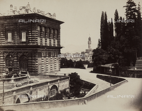 FVQ-F-206065-0000 - Palazzo Pitti photographed from the Boboli Gardens; in the background is a view of  Palazzo Vecchio - Date of photography: 1860 ca. - Alinari Archives, Florence