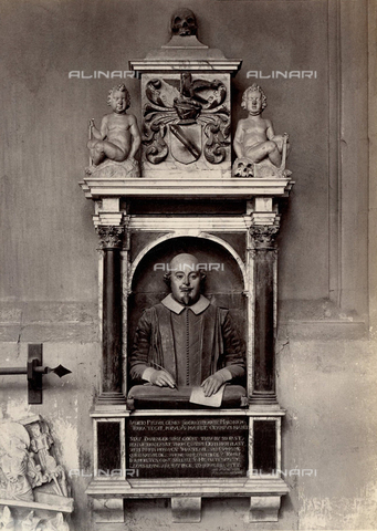 GBB-F-006028-0000 - 1890 ca, Stratford-Upon-Avon, GREAT BRITAIN: The monument of english actor, poet and playwright dramatist WILLIAM SHAKESPEARE (1564-1616)overlooking his grave in the Holy Trinity Church in Stratford-Upon-Avon.The latin inscription reads:" In judgment a Nestor, in genius a Socrates, in art a Virgil: The earth covers him, the people mourn him, Olympus has him." - © ARCHIVIO GBB / Archivi Alinari