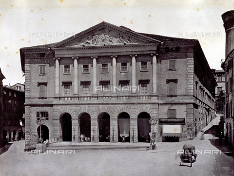 MFC-A-003188-0060 - Exterior of the Teatro delle Muse in Ancona. There is a barrow in the square in front - Date of photography: 1880-1890 ca. - Alinari Archives, Florence