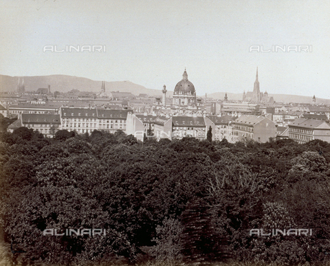 MFC-A-004636-0003 - Panorama of Vienna, with the dome of the church dedicated to Saint Charles Borromeo and the bell tower of the cathedral. In the foreground dense vegetation - Date of photography: 1875-1880 ca. - Alinari Archives, Florence