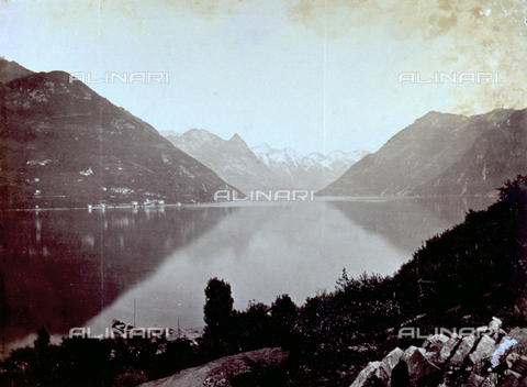MFC-F-001644-0000 - The lake of Lugano and the mountains that surround it: in the background the town of Porlezza - Date of photography: 1870-1880 - Alinari Archives, Florence
