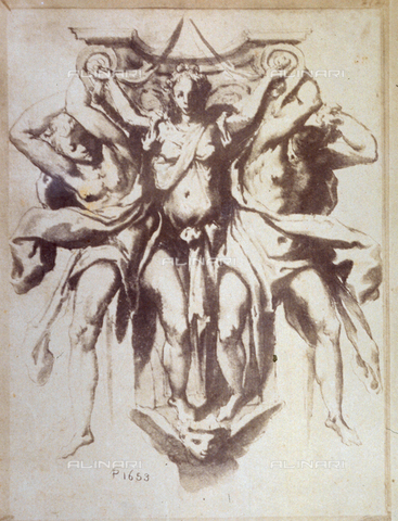 MFC-F-001770-0000 - Study by Coriolano, probably for an architectural detail, with a draped female figure at the center, raising her arms, and two figures at the side, one male and one female, also covered with fluttering drapery - Date of photography: 1865 ca. - Alinari Archives, Florence