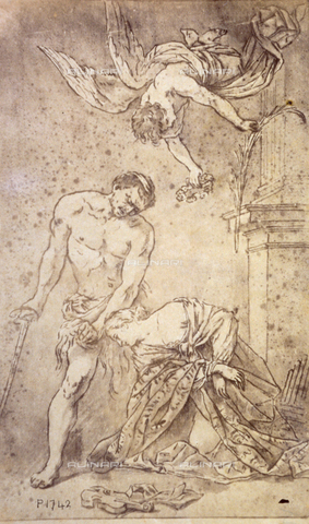 MFC-F-001774-0000 - Sketch of the 'Martyrdom of Saint Cecilia' by Orazio Riminaldi. The saint is shown with a lowered head before the executioner with a sword, while an angel, above, holds the crown of martyrdom - Date of photography: 1865 ca. - Alinari Archives, Florence