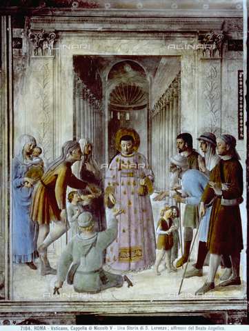 MFC-F-002201-0000 - Fresco by fra Angelico in the chapel of Nicholas V in the Vatican Museums in Rome. The work shows Saint Lawrence offering the treasures of the Church to the poor and halt - Date of photography: 1900-1930 ca. - Alinari Archives, Florence