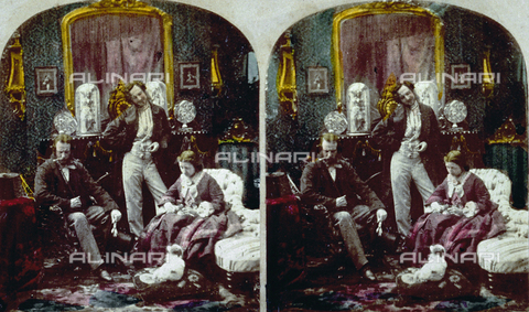 MFC-F-003912-0000 - Genre scene of a woman 'courted' by two men. The woman is seated on a sofa, in a richly furnished parlor with a dog at her feet - Date of photography: 1850-1870 ca. - Alinari Archives, Florence