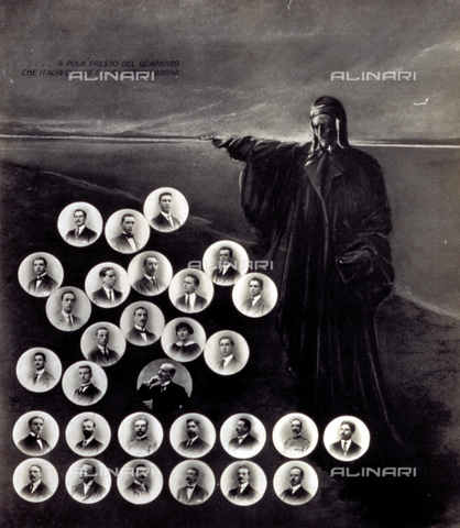 MFC-F-004251-0000 - Fotomontaggio realizzato sullo sfondo di una raffigurazione dantesca contro cui si stagliano i volti dei diplomati nel 1915 presso il R. Istituto Tecnico 'Agostino Bassi' di Lodi - Data dello scatto: 1915 - Archivi Alinari, Firenze