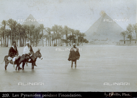 MFC-S-001133-0003 - View of the Valley of Giza in Egypt during the flood. In the background, the Pyramids and a few men on donkeys in the foreground - Date of photography: 1880-1890 - Alinari Archives, Florence