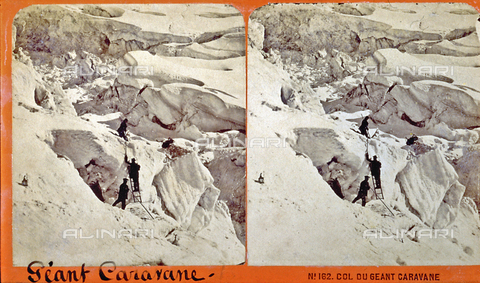 PDC-F-000430-0000 - Three people are climbing a snow-covered mountain using a rung ladder. Their dark clothes stand out clearly against the white snow - Date of photography: 1860-1880 ca. - Alinari Archives, Florence