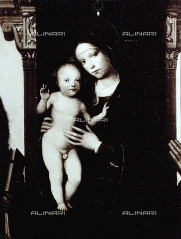 PDC-F-001768-0000 - The painting by Francesco Francia of 'La Vergine in Trono con Bambino'(Detail), in the Pinacoteca Nazionale di Bologna - Date of photography: 1880-1900 - Alinari Archives, Florence