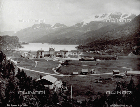PDC-F-001932-0000 - Mountain landscape of Maloja on Lake Sils in Switzerland: at the center, the monumental Hotel Kursal - Date of photography: 1870-1890 ca. - Alinari Archives, Florence