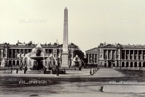 PDC-S-000252-0005 - Place de la Concorde, in Paris, with the obelisk and fountain in the foreground. In the background, a glimpse of the Church of the Madeleine - Date of photography: 1855-1865 - Alinari Archives, Florence