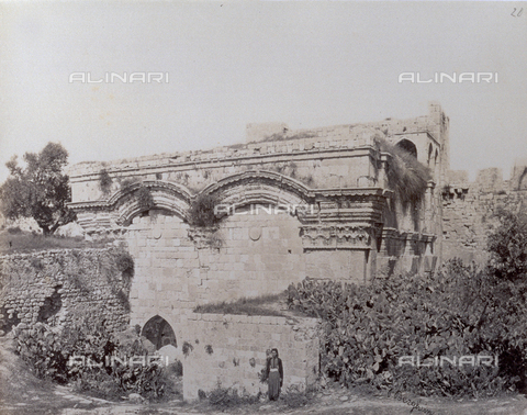 PDC-S-000275-0003 - View of the golden gate and the city walls of Jerusalem surrounded by dense cactus thickets. In the foreground, a person posing - Date of photography: 1860-1870 ca. - Alinari Archives, Florence