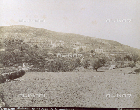 PDC-S-000752-0016 - View of a region Saint Jean De la Montagne in the outskirts of Jerusalem: in the arid landscape a few houses stand among sparse olive trees - Date of photography: 1880-1900 - Alinari Archives, Florence