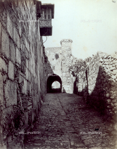 PDC-S-001185-0003 - The ruins of the Antonia Fortress in Jerusalem. In the foreground, a narrow paved street, between a building and a tall wall with numerous cactus plants - Date of photography: 1870 -1880 ca. - Alinari Archives, Florence