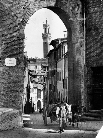 TCL-F-007480-0000 - San Giuseppe or Sant'Agata Arch in Siena; Torre del Mangia can be seen in the background, Siena - Date of photography: 1920 ca. - Touring Club Italiano/Alinari Archives Management