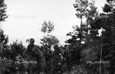 UAQ-S-000061-0226 - Spanish Civil War 1936-1939: Column of marching soldiers in a grove in the Sierra de Javalambre, Teruel - Date of photography: 09/1938 - Alinari Archives, Florence